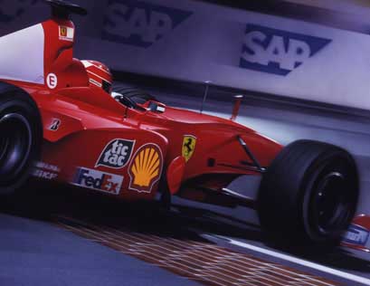 Schumacher wins at Indianapolis Motor Speedway in 2000 while driving the Ferrari Scuderia F1-2000. His team mate Rubens Barrichello finished in second position.